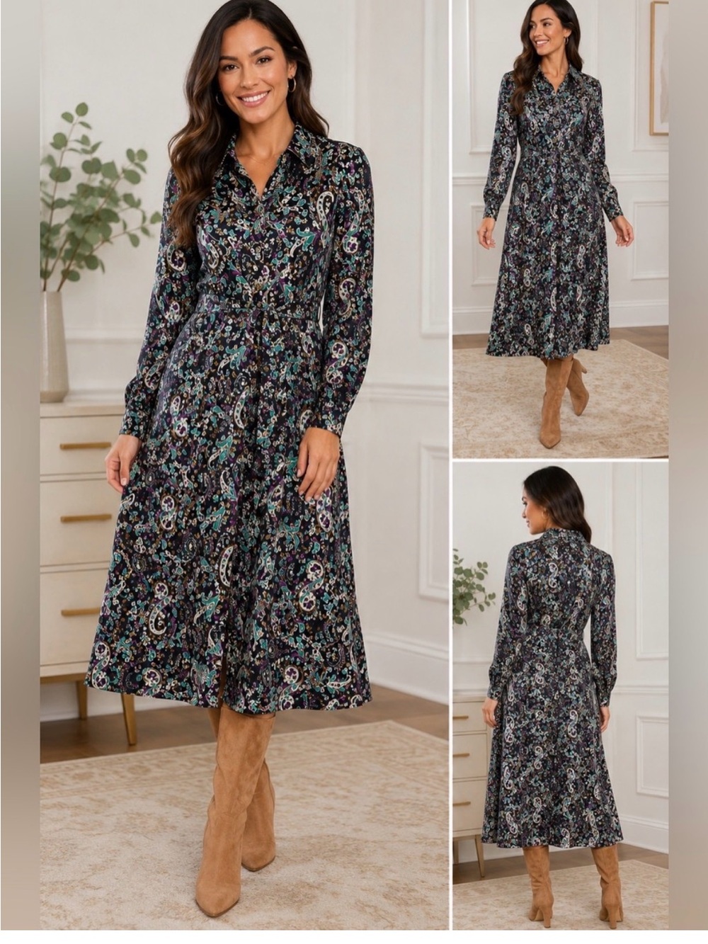 Ann Taylor Black Paisley Floral Midi Shirtdress with Teal Accents